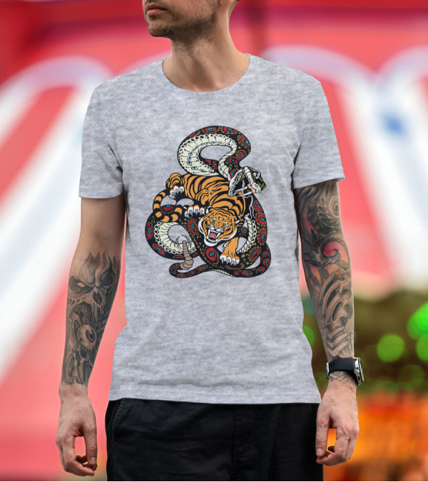 Premium T-Shirt: Tiger and Snake Fierce Battle T-Shirt Tiger and Snake Fierce Battle T-Shirt