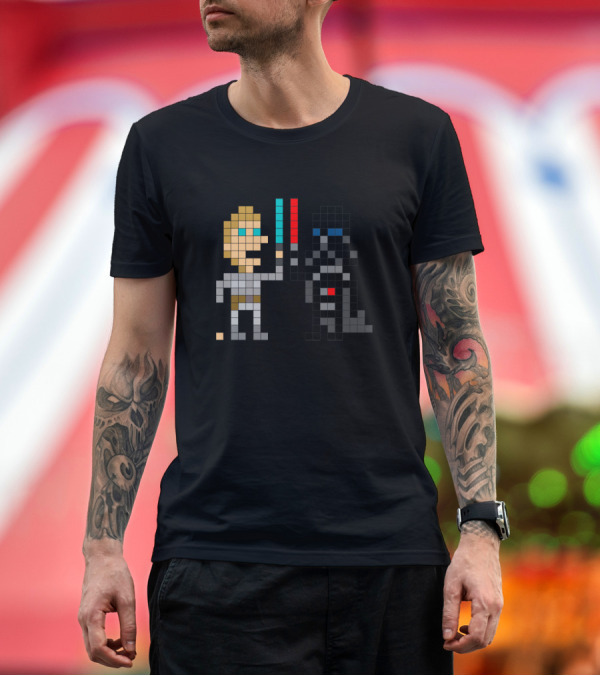 Premium T-Shirt: Pixel Art Son vs Father Lightsabers Iconic Battle 8-Bit T-Shirt Pixel Art Son vs Father Lightsabers Iconic Battle 8-Bit T-Shirt