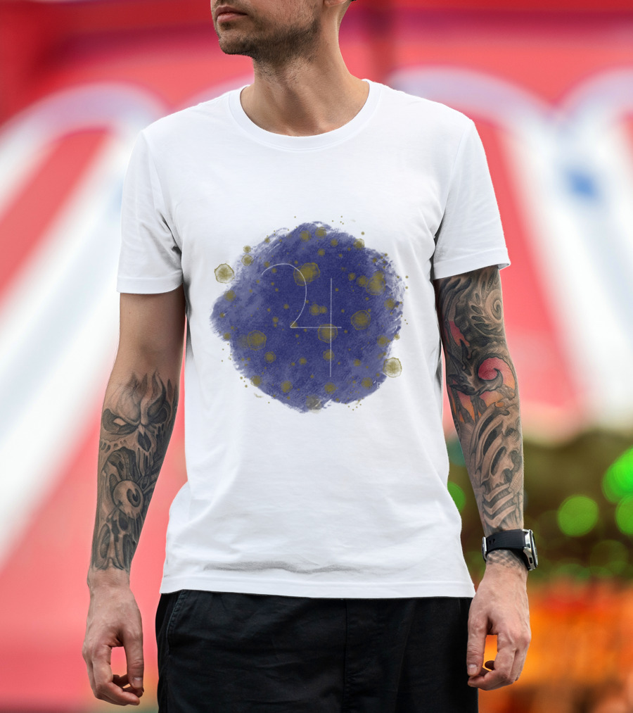 Jupiter Number 24 with Cosmic Dot Pattern in Blue and Yellow T-Shirt