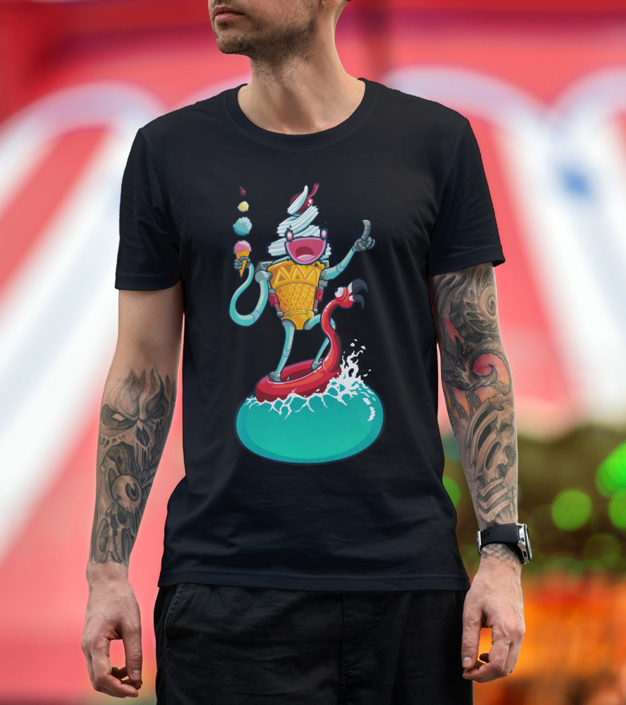 A Machine for Summer Robot Ice Cream Cone on Flamingo Pool Float T-Shirt