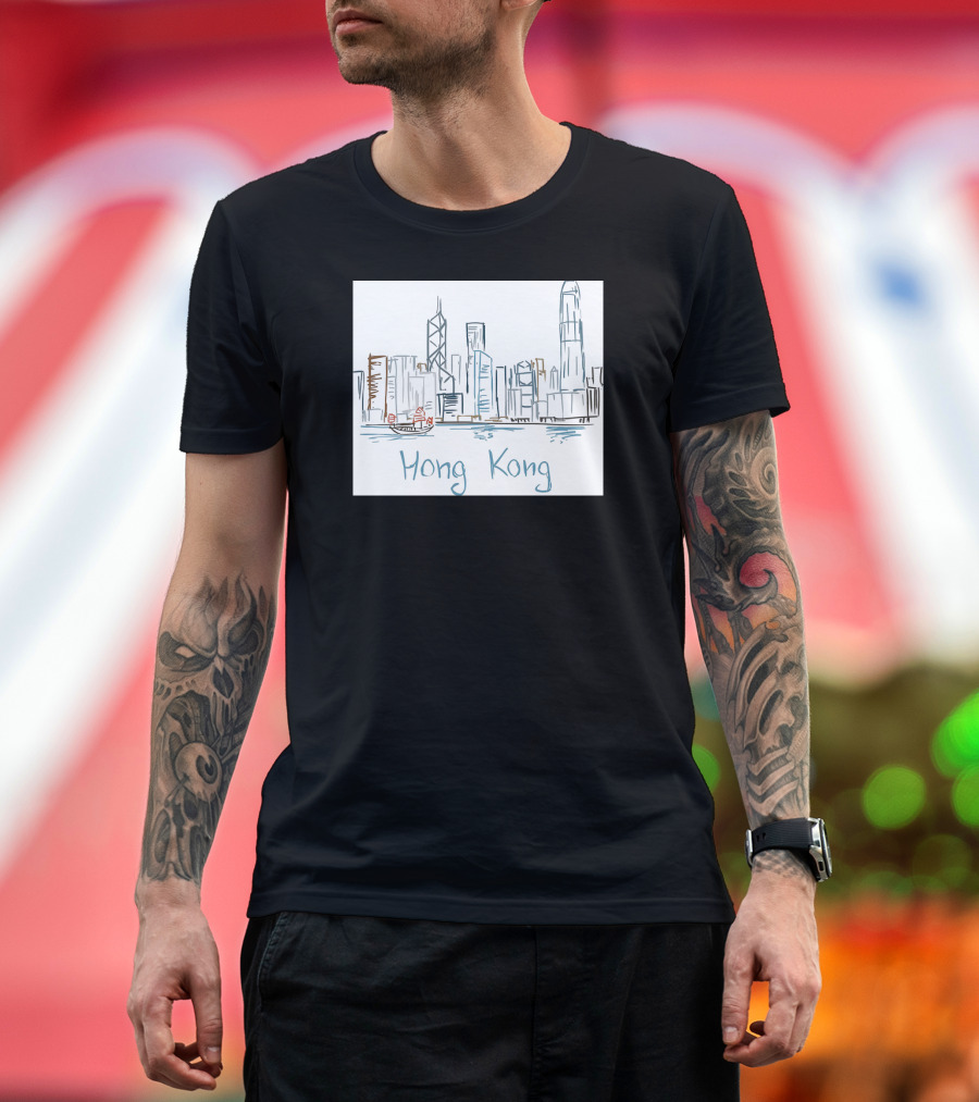 Hong Kong Skyline with Skyscrapers and Junk Boat T-Shirt