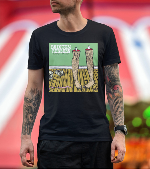 Premium T-Shirt: Brixton Robbers Rocks and Cranes Album Cover with Standing Legs on Wooden Floor and Origami Cranes T-Shirt Brixton Robbers Rocks and Cranes Album Cover with Standing Legs on Wooden Floor and Origami Cranes T-Shirt