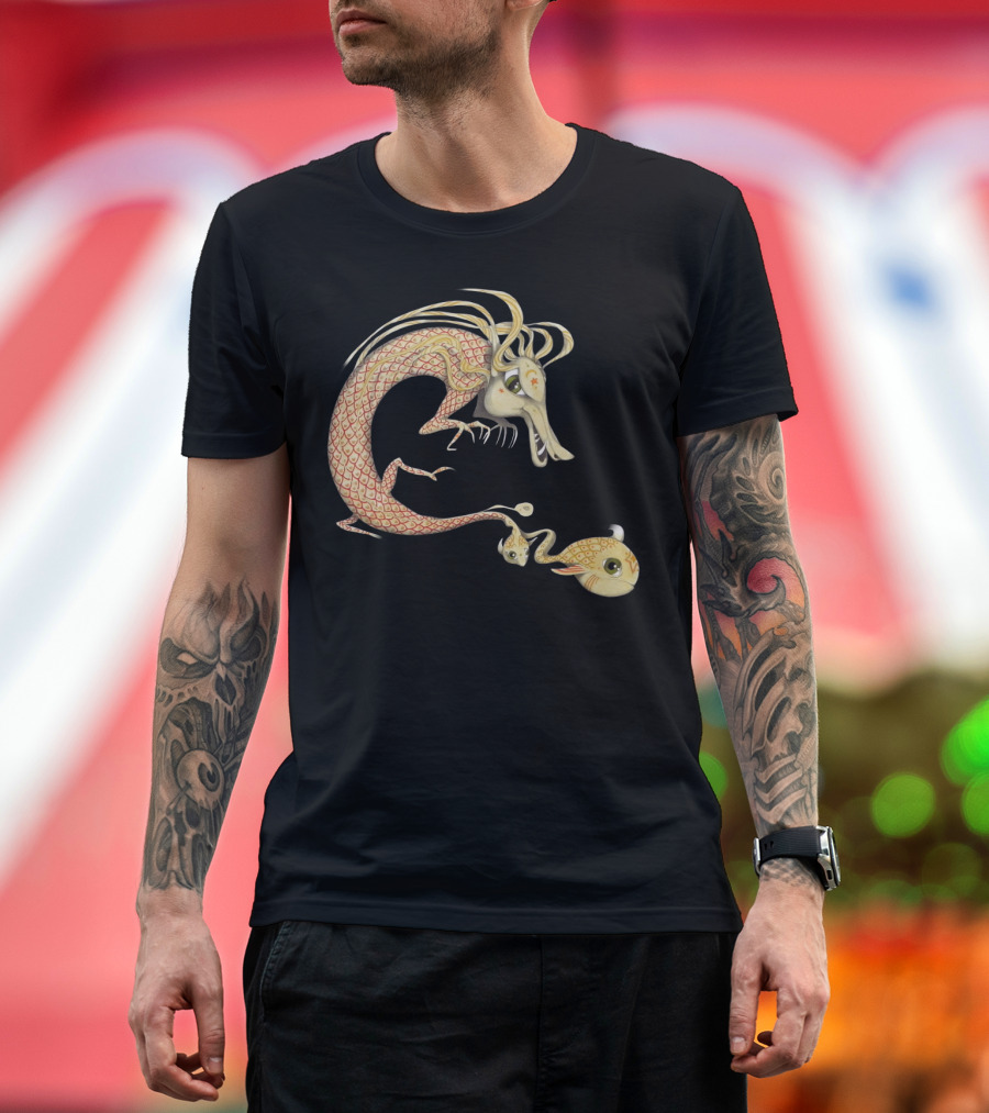 Whimsical Dragon with Fish and Baby Companion Playful T-Shirt