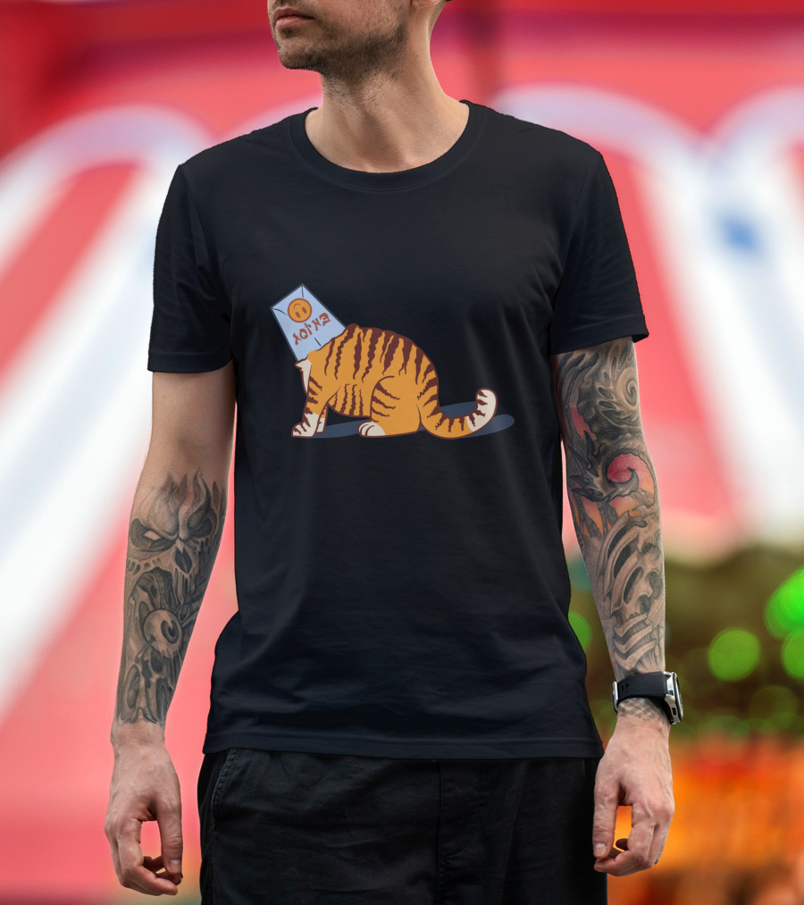 Kitty with Inverted Enjoy Bag on Head and Smiley Face T-Shirt