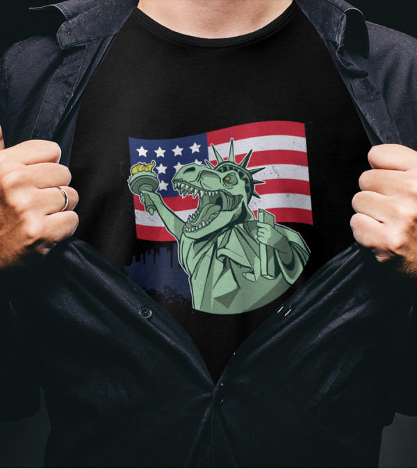4TH OF JULY INDEPENDENCE STATUE OF LIBERTY DINOSAUR AMERICAN FLAG T-Shirt