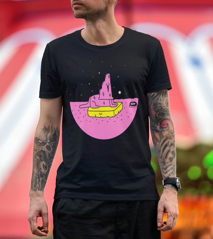 Pink Dingo on Yellow Sponge Floating in Starry Night with Saturn and Patterned Object T-Shirt