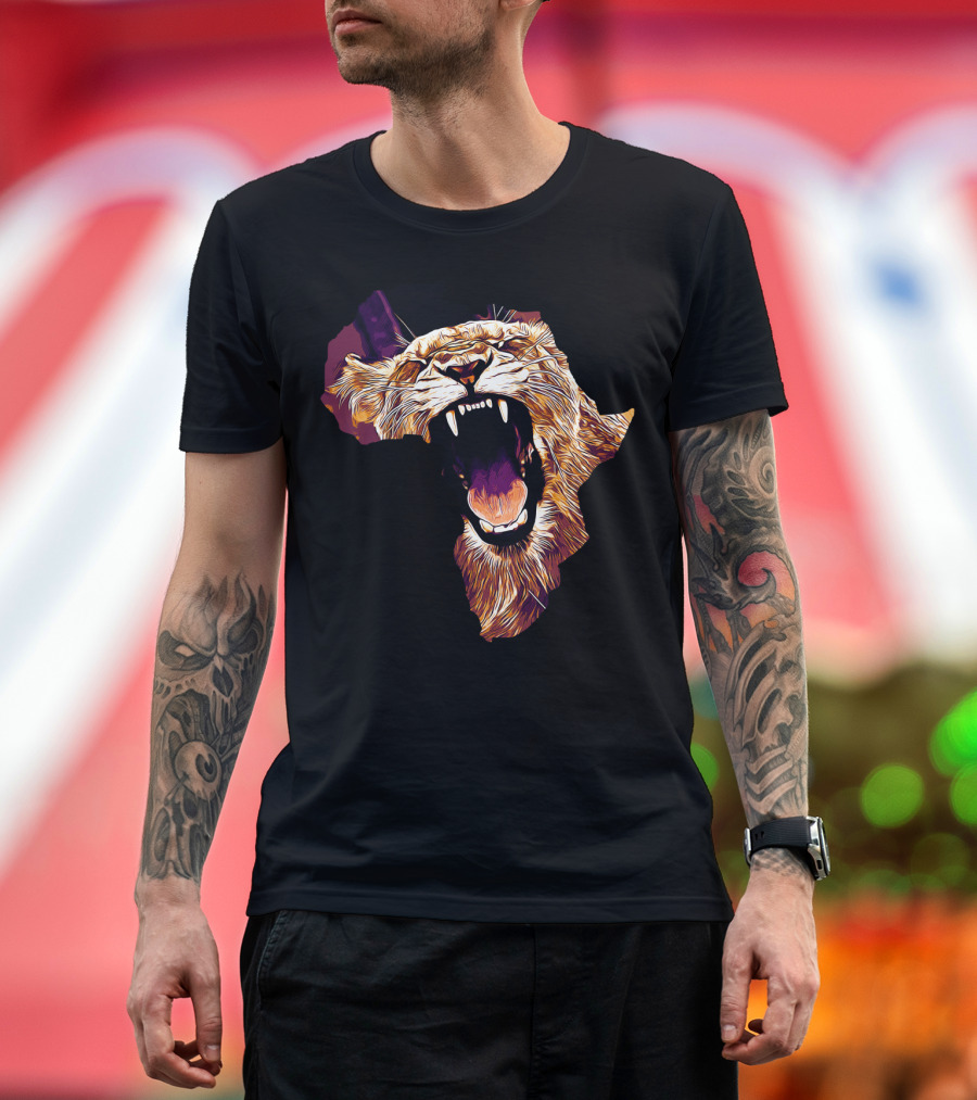 African Lioness Roaring Silhouette Over Continent Shape at Late Sunset Safari T-Shirt