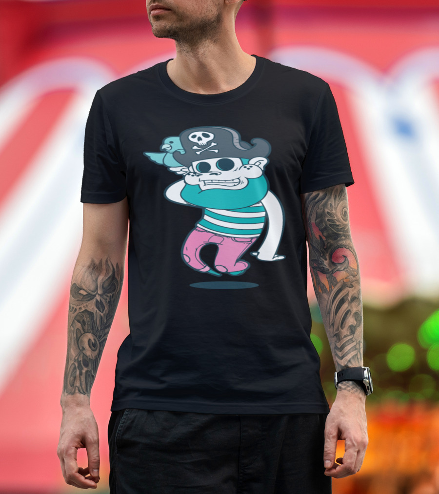 Pirate Ghost Cartoon with Parrot and Skull Cap T-Shirt