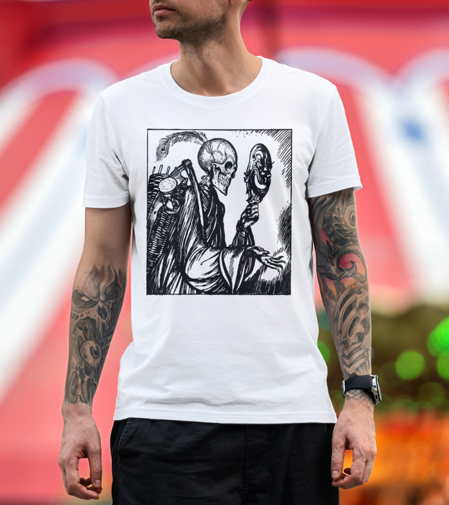 Death Comes Calling Skeleton Holding Mask T-Shirt