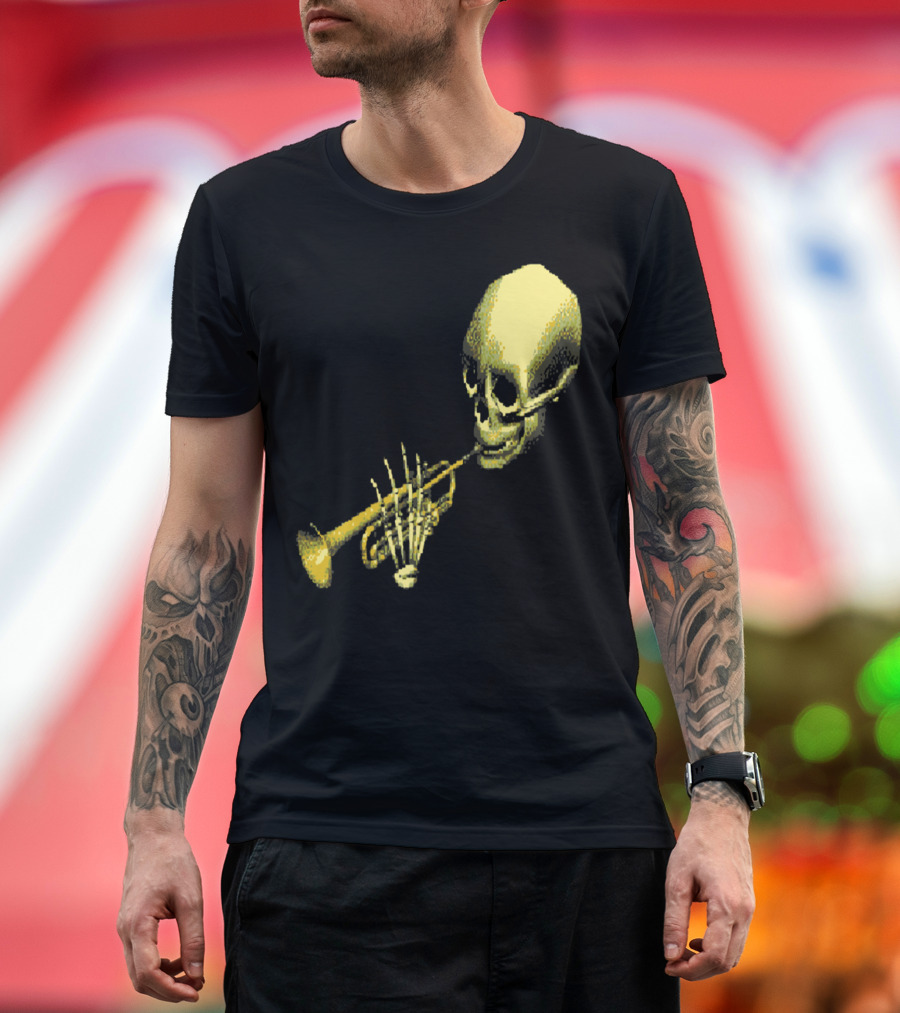 DootEvents Skull Trumpet Skeleton Retro 8-Bit Halloween Meme T-Shirt