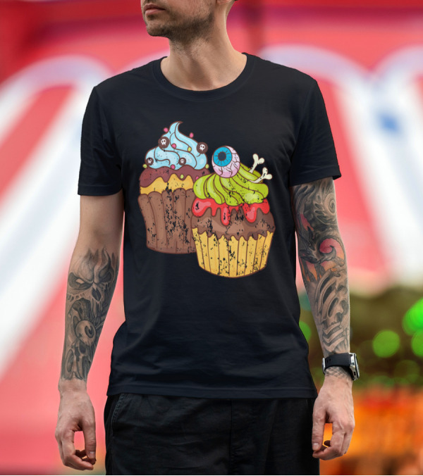 Premium T-Shirt: Halloween Vintage Grunge Cupcakes Muffins Eyeball Skulls T-Shirt Halloween Vintage Grunge Cupcakes Muffins Eyeball Skulls T-Shirt