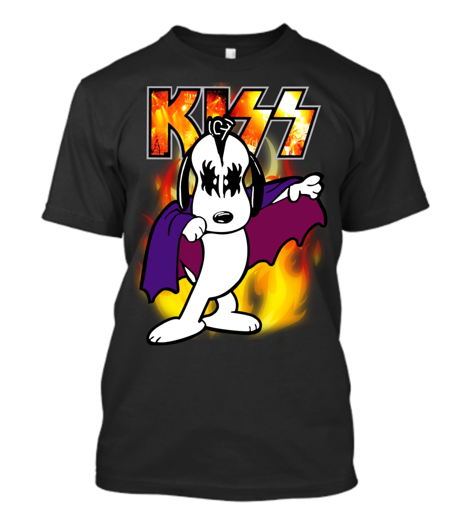 KISS Snoopy Peanuts Mashup With Flames And Comic T-Shirt