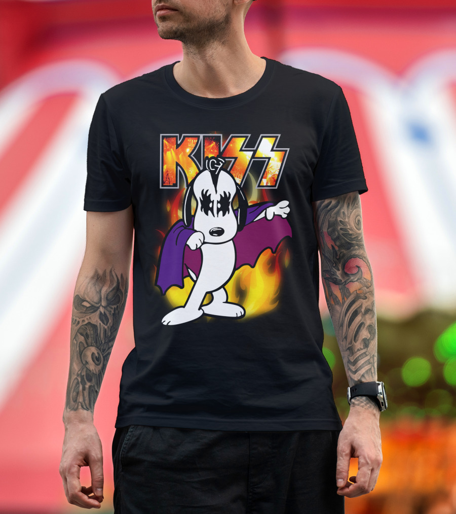 KISS Snoopy Peanuts Mashup with Flames and Comic T-Shirt