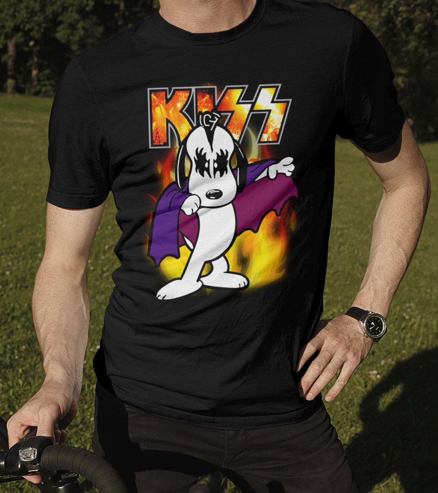 KISS Snoopy Peanuts Mashup With Flames And Comic T-Shirt