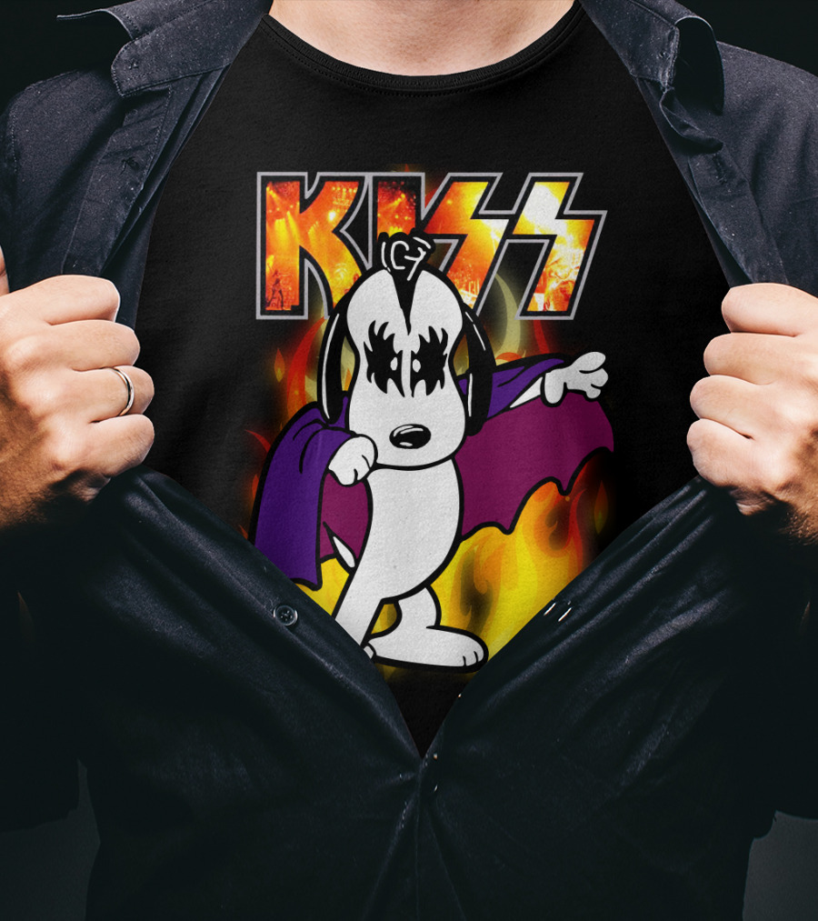 KISS Snoopy Peanuts Mashup With Flames And Comic T-Shirt
