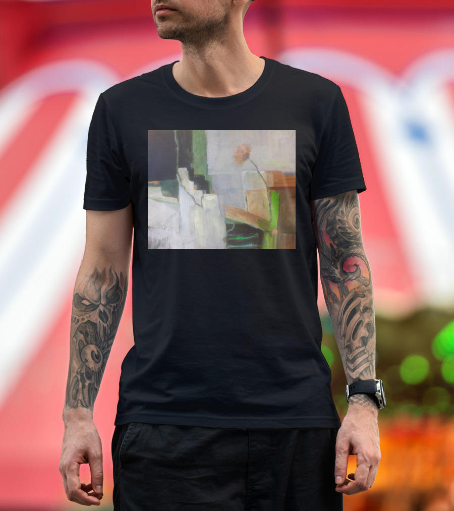 Growing Abstract Floral Composition with Green Accents and Geometric T-Shirt