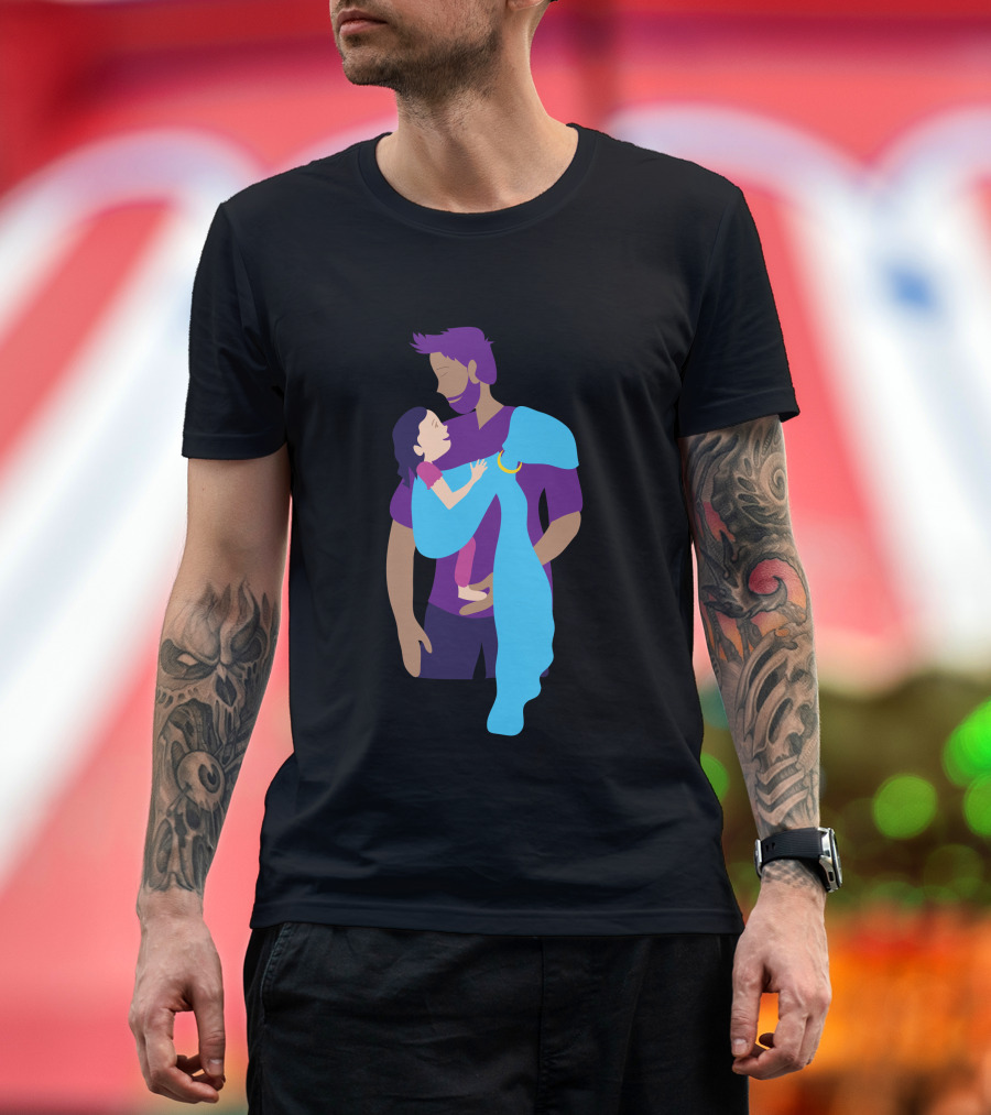 Peaceful Papa Babywearing Dad with Child in Blue Sling T-Shirt