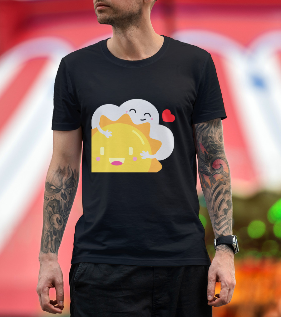 Partly Cloudy and Partly Sunny Love with Cute Cloud and Sun Hugging with Heart T-Shirt