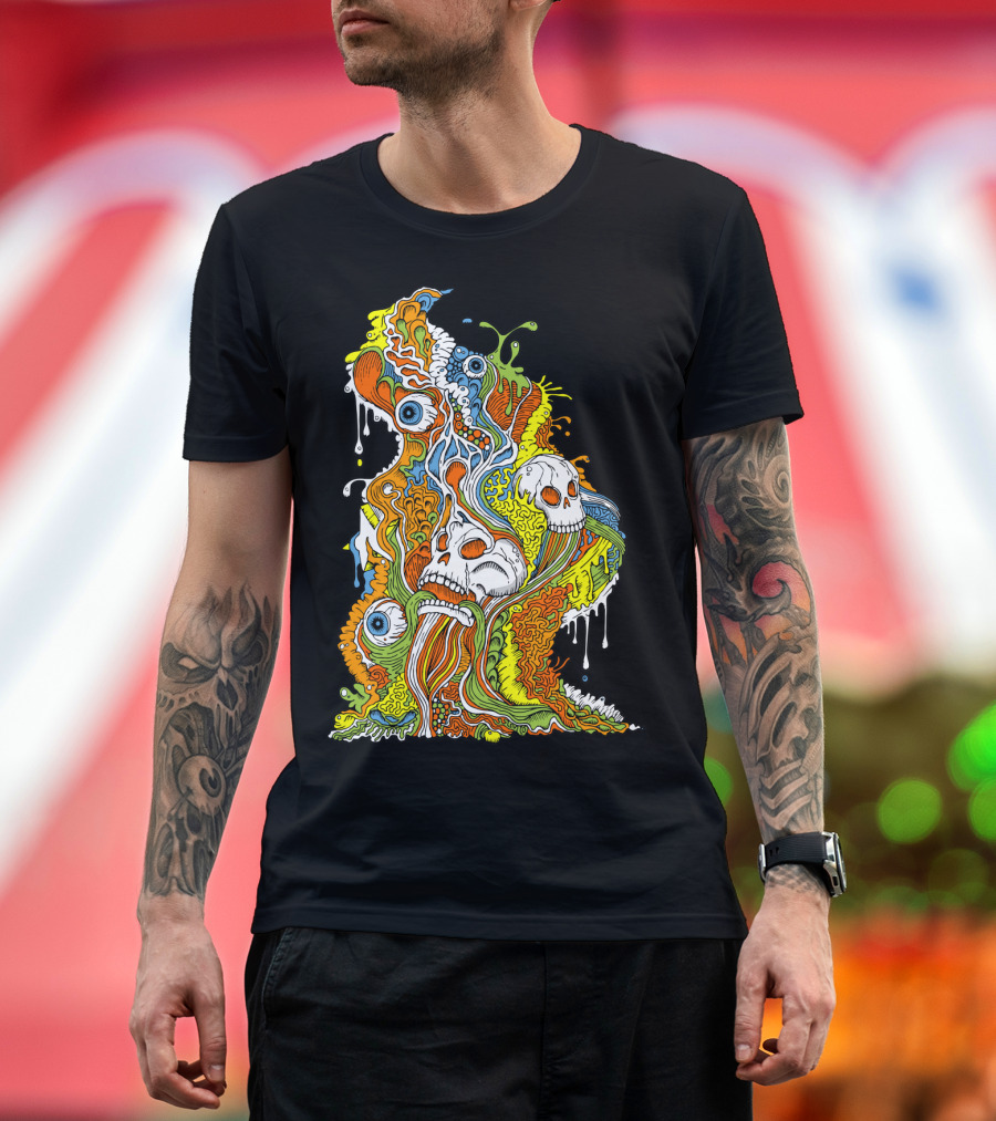 Punk Sludge Psychedelic Skull and Eye Overflow with Vibrant Dripping Colors T-Shirt