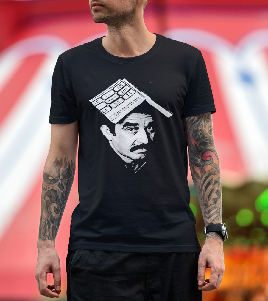Gabriel Garcia Scrutinizes Written Thoughts Beneath Newspaper Hat T-Shirt
