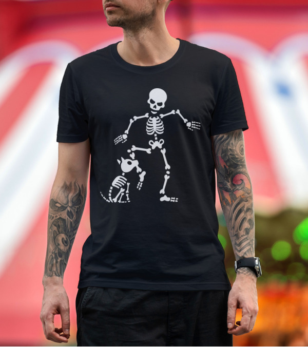 Premium T-Shirt: Dog and Skeleton Playing with Bones T-Shirt Dog and Skeleton Playing with Bones T-Shirt