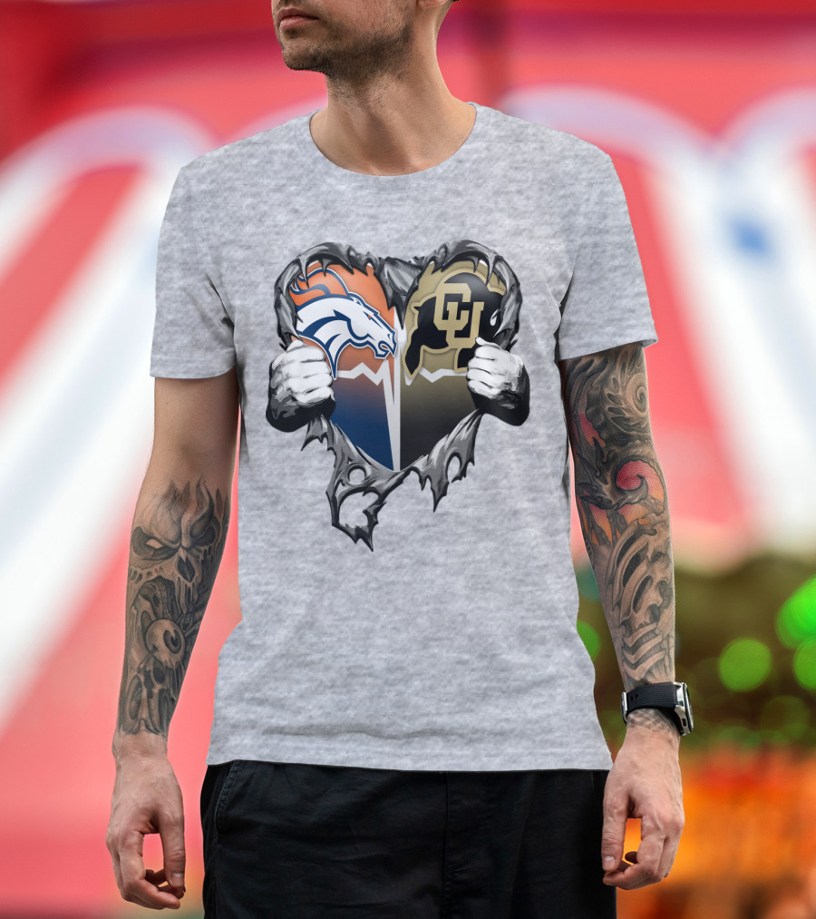 Denver Broncos And Colorado Buffaloes Heart Logo Rip T-Shirt