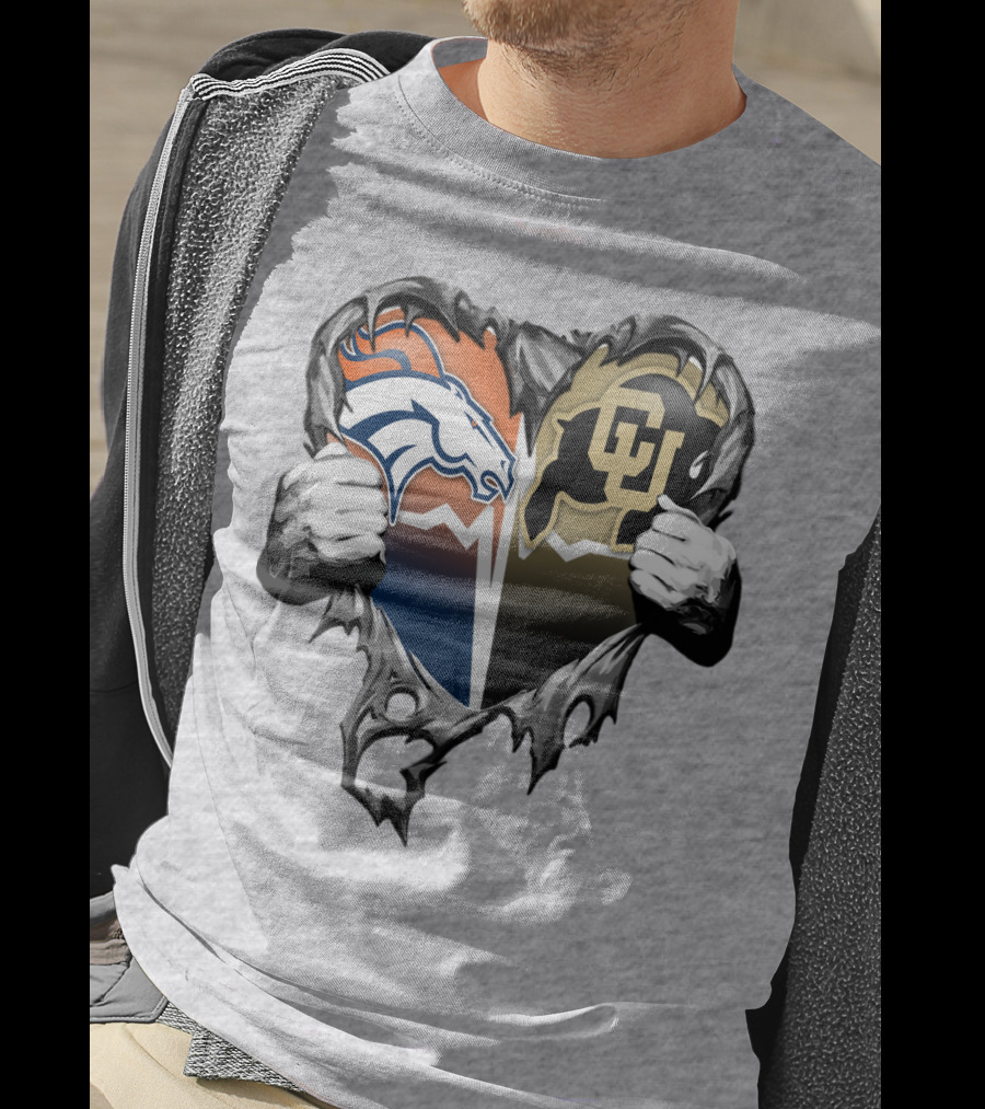 Denver Broncos And Colorado Buffaloes Heart Logo Rip T-Shirt