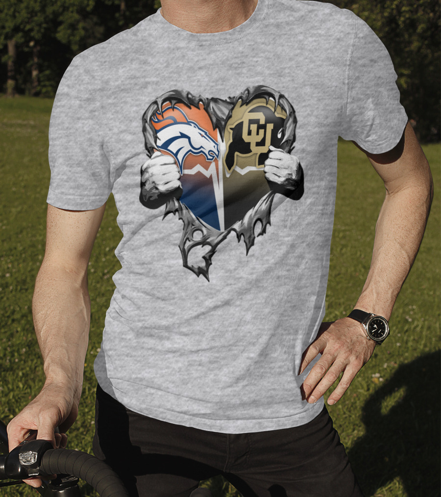Denver Broncos And Colorado Buffaloes Heart Logo Rip T-Shirt