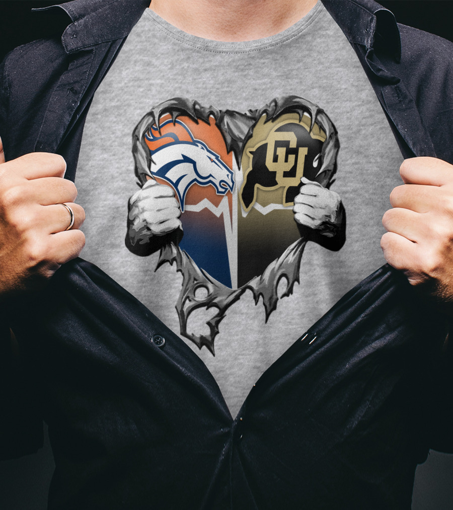 Denver Broncos And Colorado Buffaloes Heart Logo Rip T-Shirt