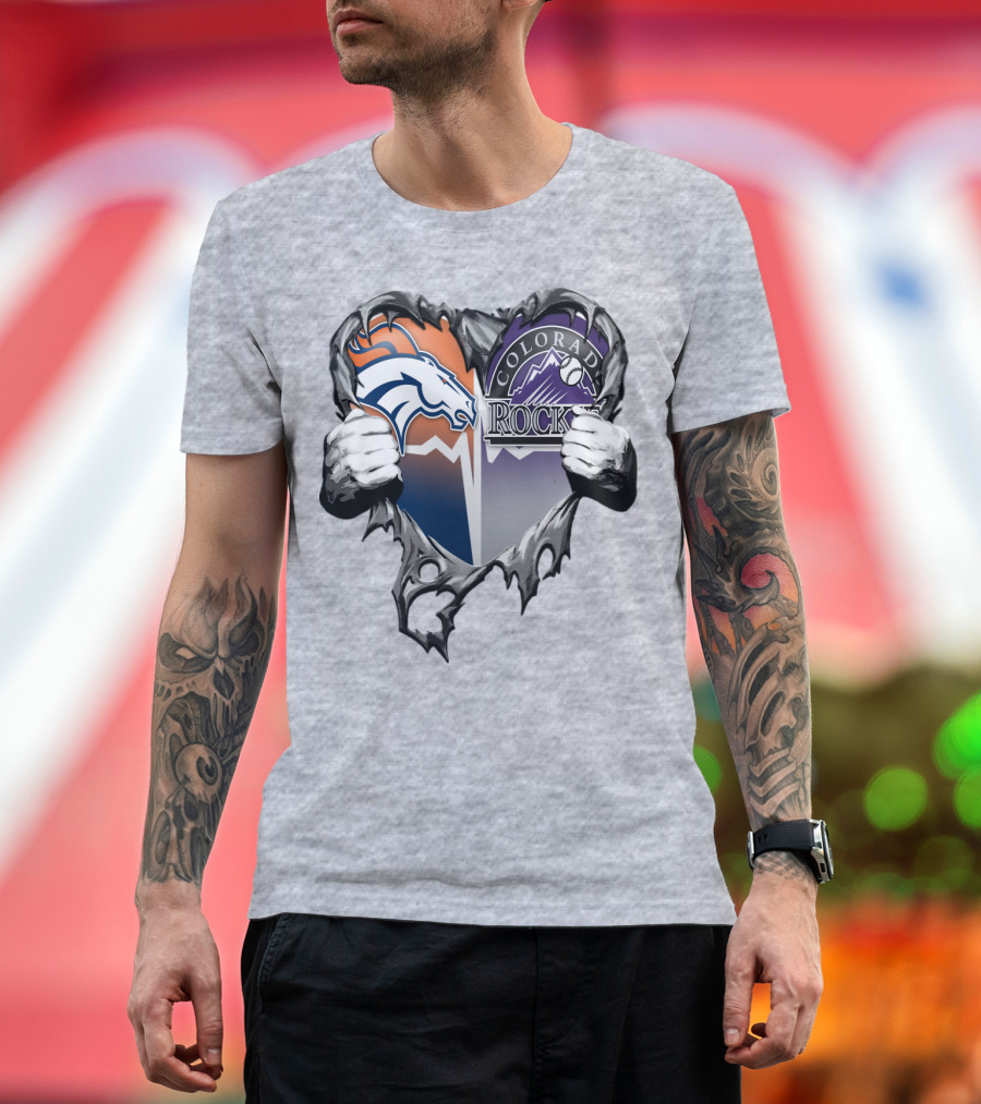 Denver Broncos Colorado Rockies Split Heart T-Shirt
