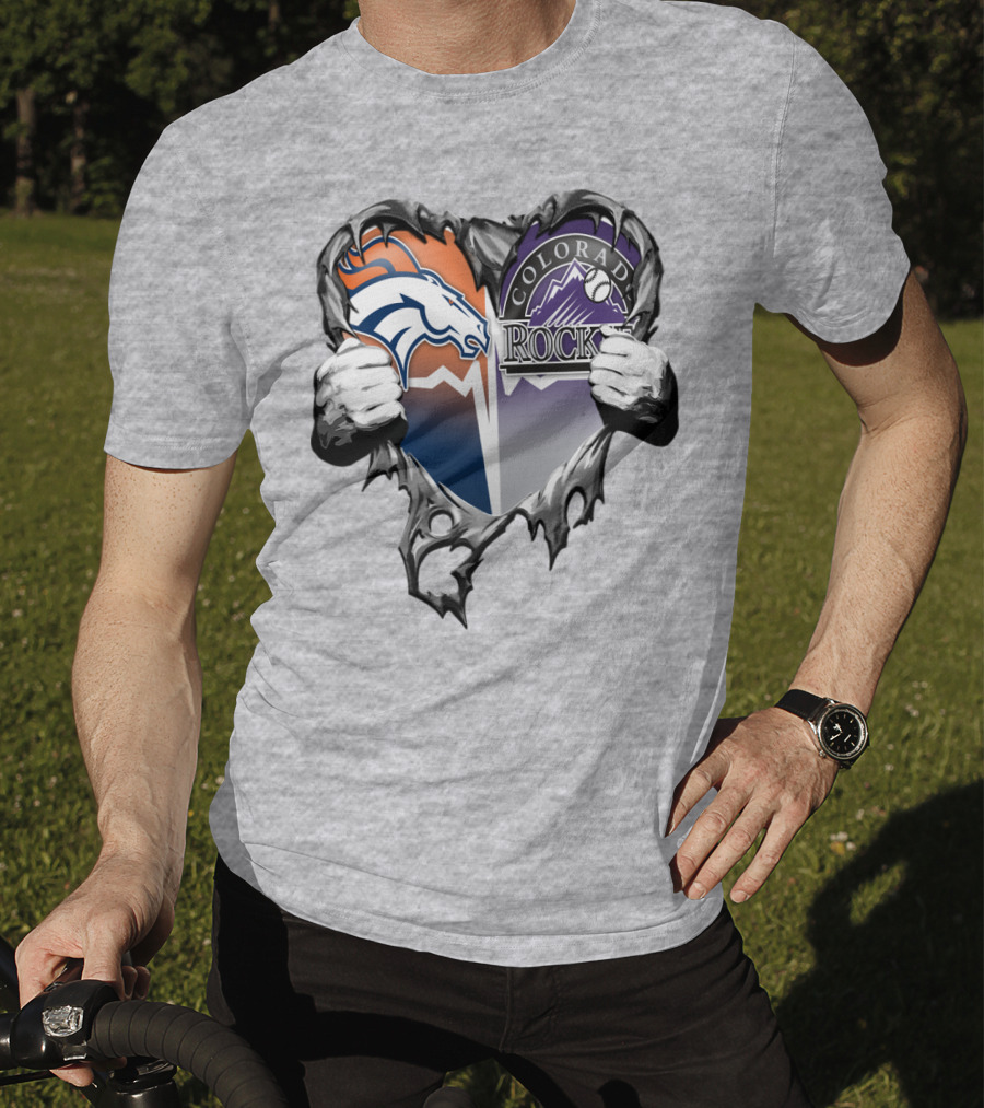 Denver Broncos Colorado Rockies Split Heart T-Shirt