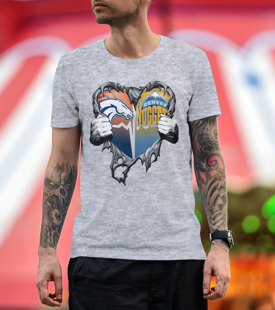 Broncos Nuggets Torn Heart Logo Fusion T-Shirt