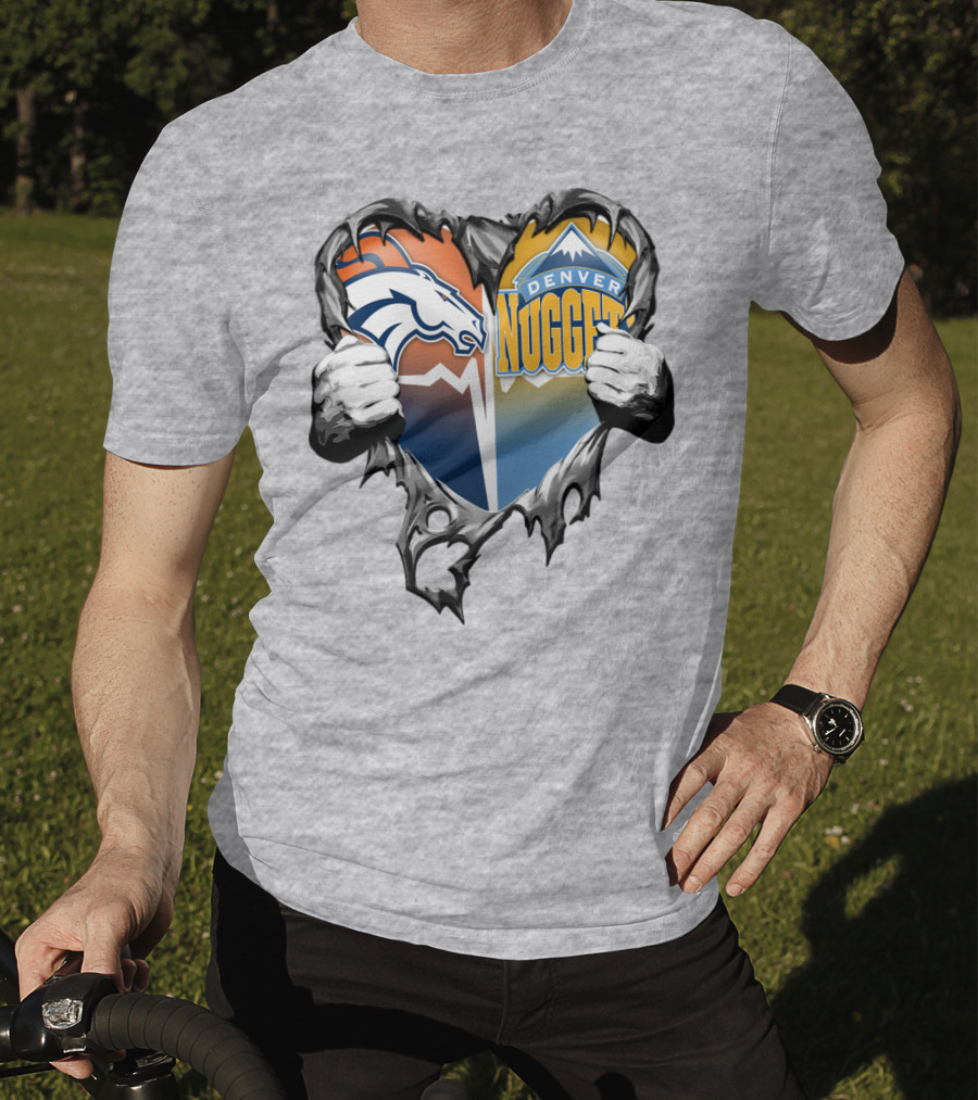 Broncos Nuggets Torn Heart Logo Fusion T-Shirt