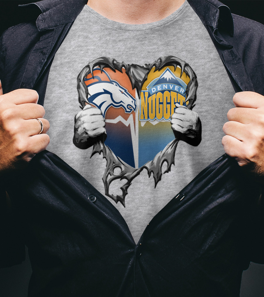 Broncos Nuggets Torn Heart Logo Fusion T-Shirt