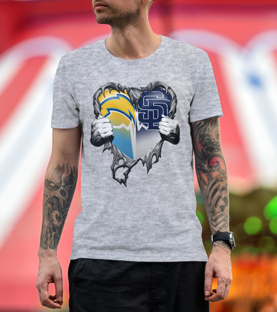 Los Angeles Chargers San Diego Padres Heart Logo Fusion T-Shirt