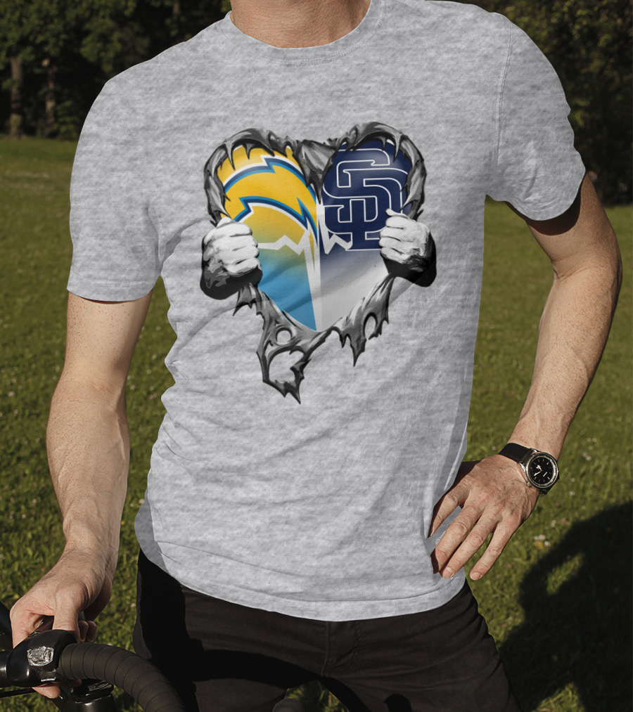 Los Angeles Chargers San Diego Padres Heart Logo Fusion T-Shirt