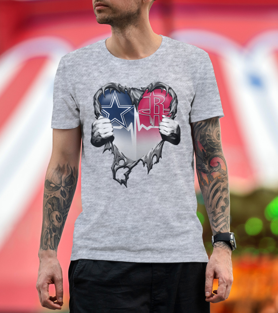 Dallas Cowboys Houston Rockets Torn Heart Logo Fusion T-Shirt