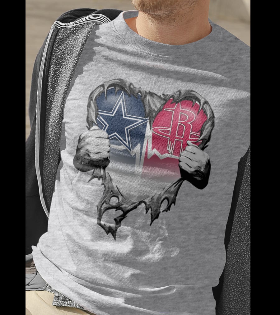 Dallas Cowboys Houston Rockets Torn Heart Logo Fusion T-Shirt