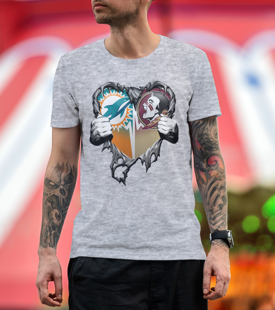 Miami Dolphins Florida State Seminoles Heart Tear T-Shirt