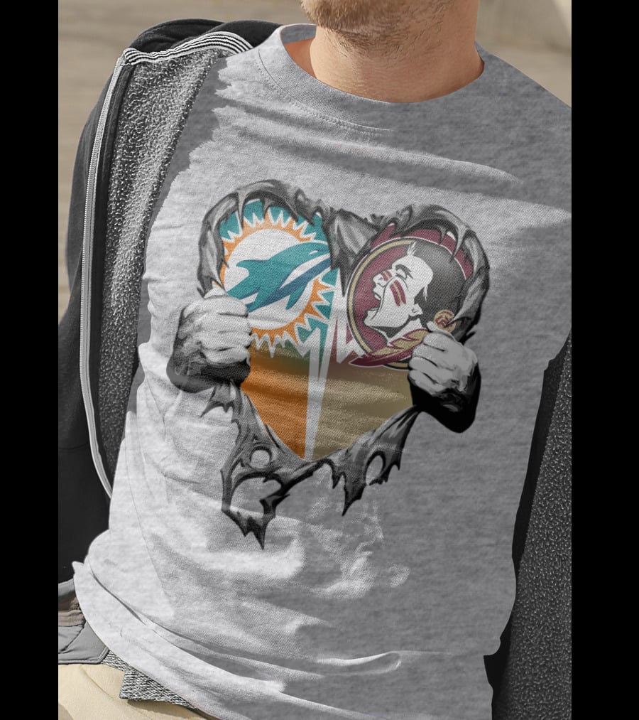 Miami Dolphins Florida State Seminoles Heart Tear T-Shirt