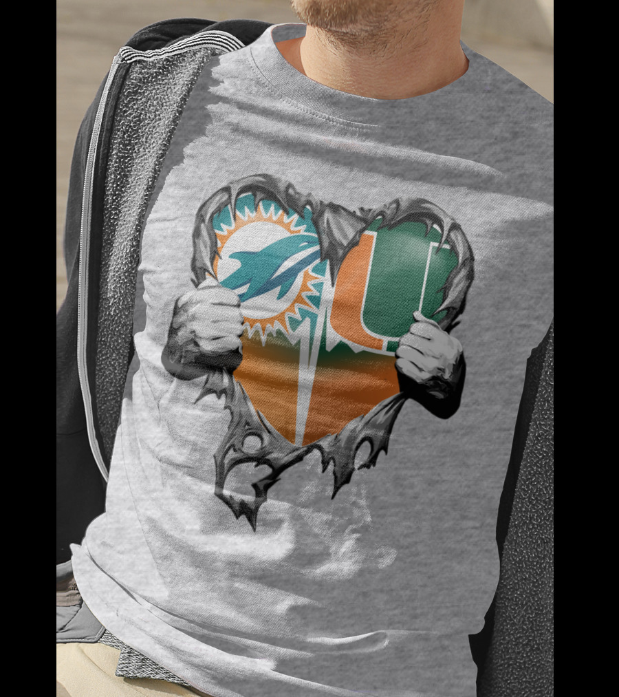 Miami Dolphins And Miami Hurricanes Heart T-Shirt