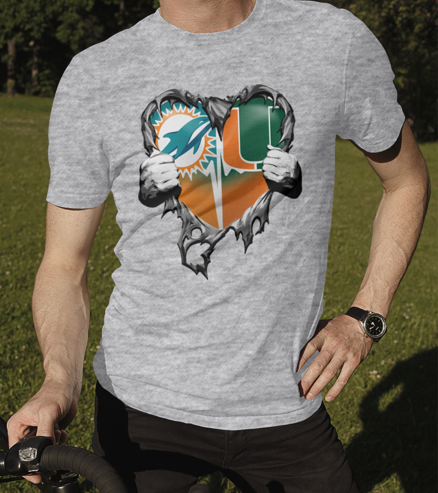 Miami Dolphins And Miami Hurricanes Heart T-Shirt