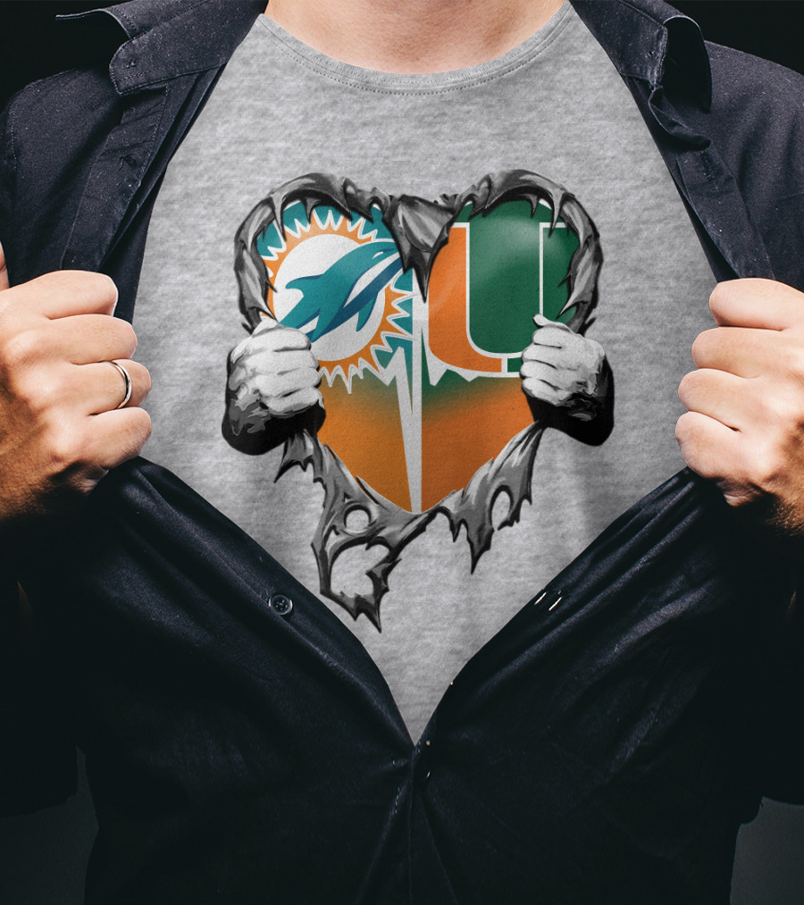 Miami Dolphins And Miami Hurricanes Heart T-Shirt