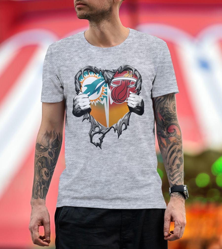 Miami Dolphins Miami Heat Heart Hands T-Shirt