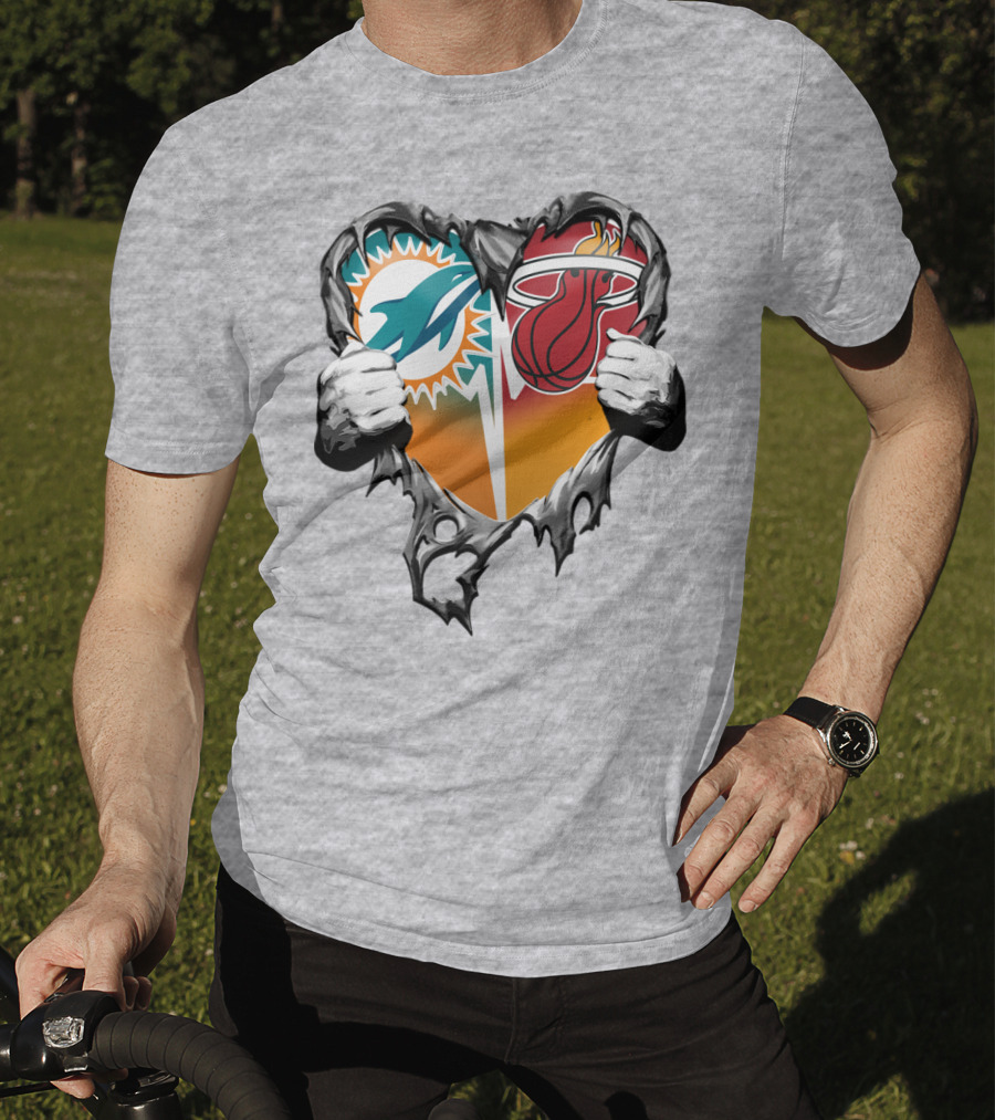 Miami Dolphins Miami Heat Heart Hands T-Shirt