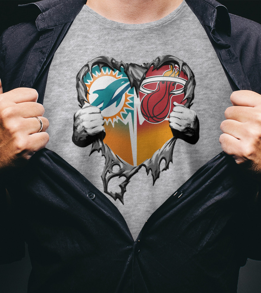 Miami Dolphins Miami Heat Heart Hands T-Shirt