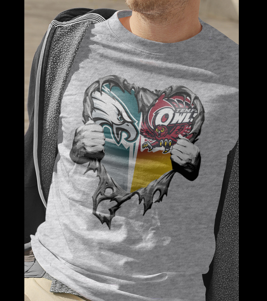 Philadelphia Eagles Temple Owls Heart Logo Rip T-Shirt