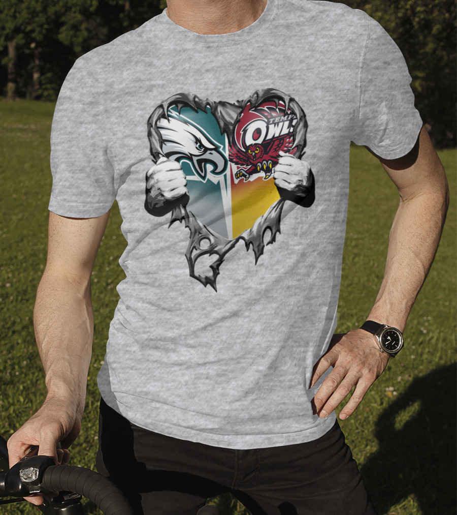 Philadelphia Eagles Temple Owls Heart Logo Rip T-Shirt