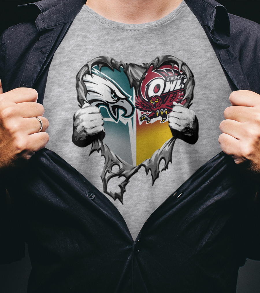 Philadelphia Eagles Temple Owls Heart Logo Rip T-Shirt
