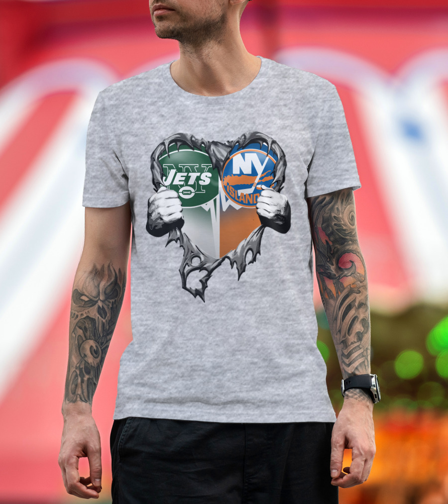 Jets Islanders Heart Rip Torn Metal Hands T-Shirt